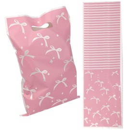 BOXOB 30pcs Pink Bow Goodie Bags, Cute Bow Plastic Gift Pouches Bow-Themed Party Favor Bags for Birthday Parties and Themed Events