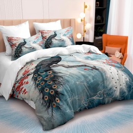 CCoutueChen White Peacock Comforter Set Queen Size Blue Peacock Floral Animal Comforter Modern Marble Spring Flower Garden Soft Lightweight Bedding Set 3 Pcs for Summer (1 Comforter, 2 Pillowcases)