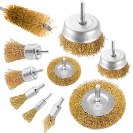 Aongray 10 Piece Drill Wire Brush, Brass Coated Wire Brush, Cup Brush and Tube Brush Set for Cleaning Rust, Removing Paint and Cleaning Wood (Gold)