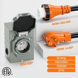 UEAKPIC Generator Cord 50 Amp and Pre-Drilled Inlet Box Kit, 25ft Generator Cable Extension 50A 4 Prong NEMA 14-50P to SS2-50R with Twist Lock, Heavy Duty STW Wire for RV Camper & House, ETL Listed