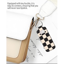 KLLRO RUO Chapstick Holder Keychain Fashion Lipstick Sleeve Lip Balm Portable Pocket Lip Gloss Tube Holder Clip-on Makeup Travel Accessories - Black Beige Plaid