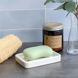 Matte Ceramic Soap Dish with Raised Ridges, Rectangular Soap Holder for Bathroom Countertop, Shower and Kitchen Sink, White