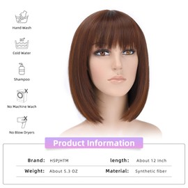 HSPJHTM Brown Bob Wigs,Short Bob Hair Wigs 12" Straight with Bangs Synthetic Colorful Cosplay Daily Party Wig for Women Natural Medium Warm Brown (Free Wig Cap)