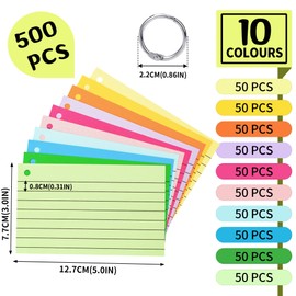 500PCS Colored Index Cards with Rings - 10 Colours 10 Sets 5"x3" One Side Lined One Side Blank - Revision/Record/Flash Note/Study Cards/Memo Scratch Pads/To Do List for Office School Home PAP06MX500