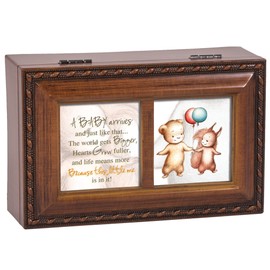 Cottage Garden Baby Arrives World Gets Bigger Woodgrain Rope Trim Jewelry Music Box Plays Brahms's Lullaby