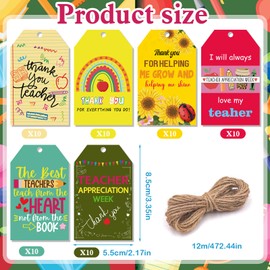 HOWAF 60pcs Thank You Teacher Gift Tags,Teacher Appreciation Week Hanging Tags with String for Teacher Presents Decor,Teachers Appreciation Gift Wrap Paper Label,Thanks Teacher Name Tags Label