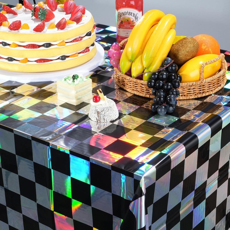 2Pack Iridescent Checkered Plastic Tablecloth, Shiny Disposable Laser Rectangle Table