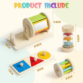 Atoylink Montessori Baby Spielzeug ab 0 3 6 9 Monate, Sensorik Spielzeug mit Spinning Drum & Regenmacher Baby & Steckpuzzle, Holzspielzeug Motorikspielzeug Babyspielzeug Geschenk 1 Jahr