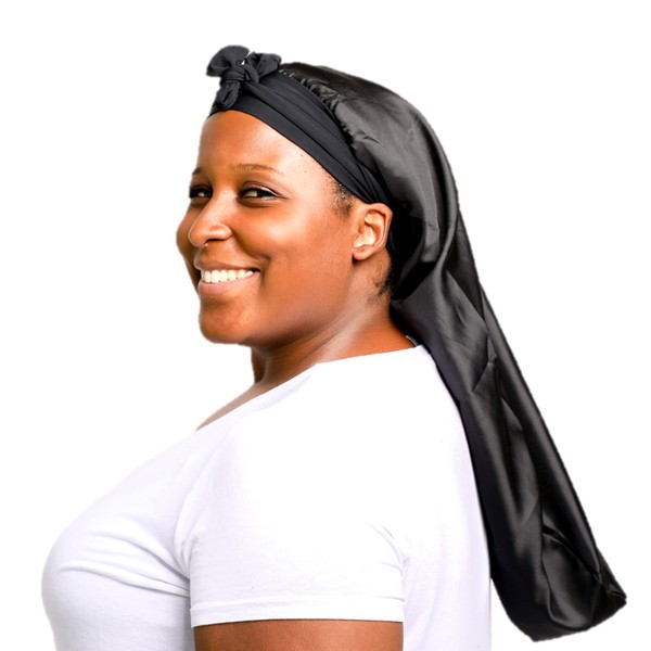 Extra Long Satin GLO Bonnet with Adjustable Ties and Edge Protection for Long Hair, Braids, Twists, Weaves (Midnight)