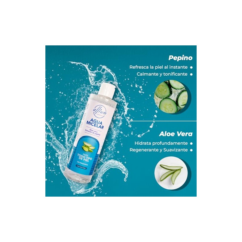 Agua Micelar Desmaquillante con Aloe Vera y Pepino, 250ml, Sin