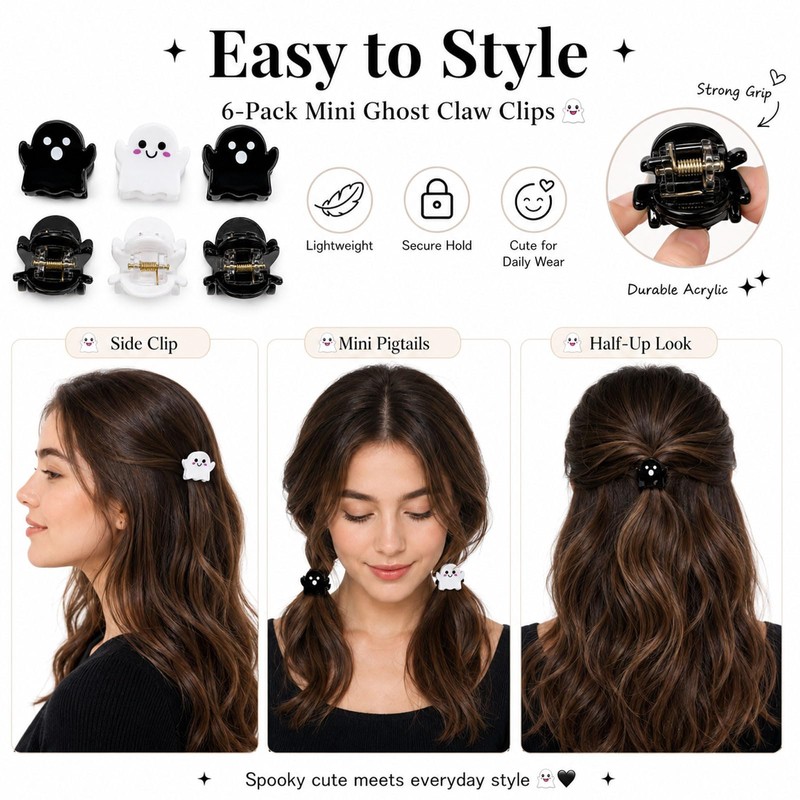 Halloween Ghost Mini Hair Clips 8Pcs Black White Spooky Clips