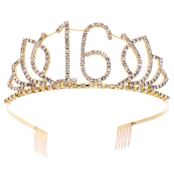 Rhinestone Birthday Tiaras with Hair Combs Princess Crystal Girls Crown Party Supplies Happy 16th Birthday (Golden)