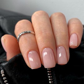 24Pcs Nude Press on Nails Short Square Fake Nails Nude Full Cover Artificial Glue on Nails Cute Glossy Stick on Nails Mirror False Nails for Women and Girls DIY Nails Art Decoration Nail Supplies