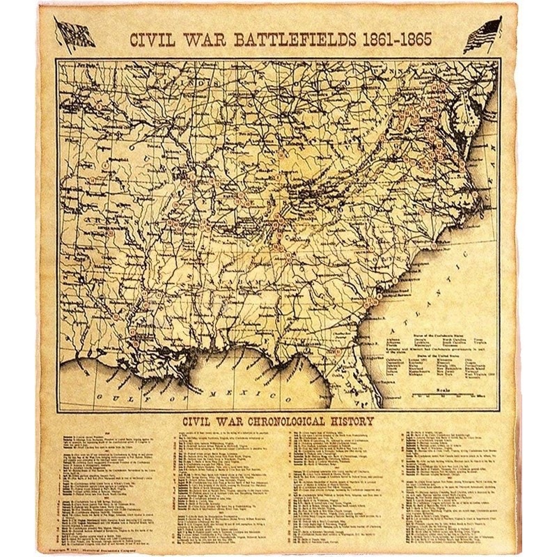 Historical Documents Civil War Battle Map 1861-1865 Replica Document, Greyscale,