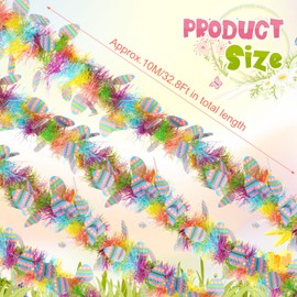 WILLBOND 32.8 Feet x 4 Inches Easter Tinsel Garland with Colorful Egg Decorations Easter Metallic Garland Spring Rainbow Glitter Twist Wire Hanging Decorations for Holiday Party Decor