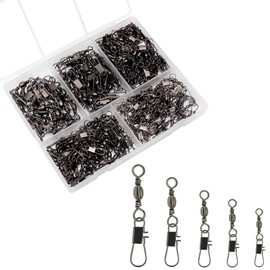 OKVGO 200pcs Fishing Barrel Swivel with Interlock Safety Snap, Copper Alloy Solid Ball Bearing Swivels Snaps Connector for Quick Connect Lures Fishing Tackle Box Kit Size 6# 8# 10# 12# 14# Style B