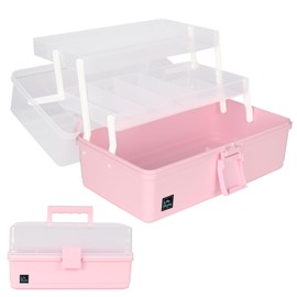 WEWLINE Hair Accessories Organizer 13-Inch Art Supply Bin Sewing Box 3-Layers Craft Storage Organizer with Handle Pink Tool Tackle Box Storage Great Gift for Kids