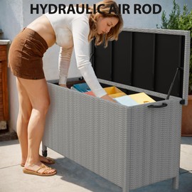 Large Outdoor Storage Box, 120 Gallon Wicker Garden Deck Bin, Lined Water-Resistant Rattan Patio Storage Bench with 2 Universal Wheels, Built-In Handle, Soft-Close Hinges, Gray