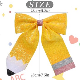 Back to School Pencil Hair Bows Clips, Painted Yellow Pencil School Girl Pigtail Glitter Leather Bows Clips Gifts for Toddler Kids Kindergarten 1st 2nd 3rd 4th 5th Grade (Large Pencil Bows 1Pcs)