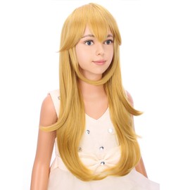 PATTNIUM Kids Girls Golden Blonde Long Wavy Synthetic Cosplay Wig With Wig Cap