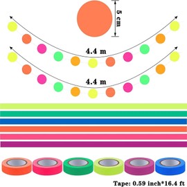 Neon Party Supply Set, 6-Color 98.4-Foot UV Black Light Reaction Tape, 14.4-Foot neon Paper Wreath, Polka Dot Star Hanging Decoration, Birthday Wedding Glow Party neon Paper Decoration Set