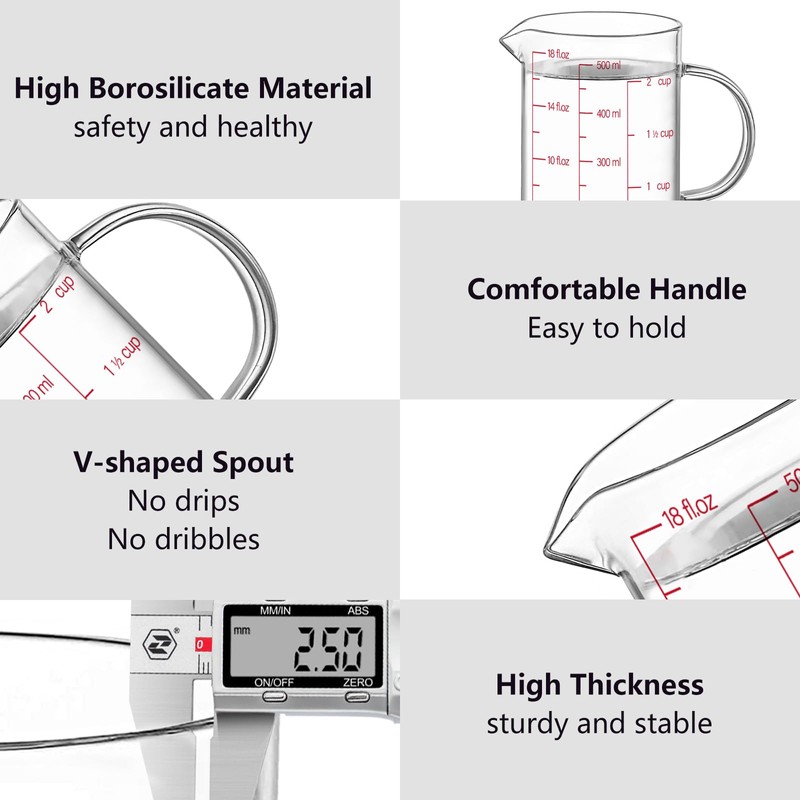 Luvan 18OZ/500ML Glass Measuring Cup, 2 Cup Glass Measuring Cups