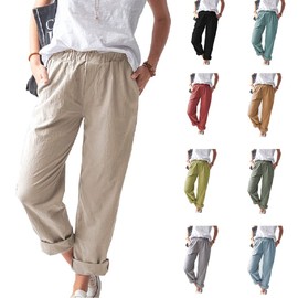 Women's Straight Pants Elastic Waist Casual Trousers Pants with Pockets Green