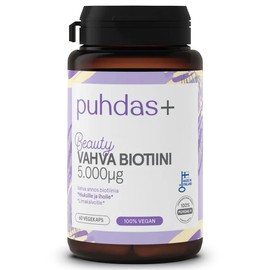 puhdas+ Strong Biotin 5.000 µg [60 vegane Kapseln] Starkes Biotin hochdosiert, 100% veganer Naturkomplex, Komplex hergestellt in Finnland