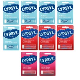 Lypsyl UnTinted Lip Balm Stick 10-Pack – SPF15 – 5x Original, 3x Strawberry & Pomegranate, 2x Cherry & Almond – Moisturizing Lip Care