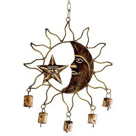 Celestial Timbre de viento | Luna creciente y estrella en el interior del sol siluetado | metal de color cobre | 13.5"
