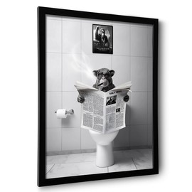 Black and White Wall Art, Framed Bathroom Decor Wall Art, Funny Animal Bathroom Wall Decor, Funny Chimpanzee on Toilet (Framed,11''x14'')