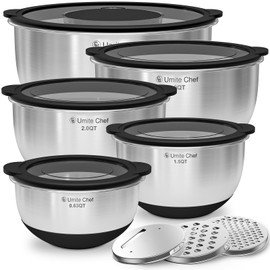 Mixing Bowls with Lids Set - Non-Slip, Airtight Warp-Proof TPR-AS Lids, Thicker Stainless Steel Bowls, Measurement Lines & 3 Graters, Prep Meal Bowl, Black Nesting Bowl for Kitchen, 5/3/2/1.5/0.63QT