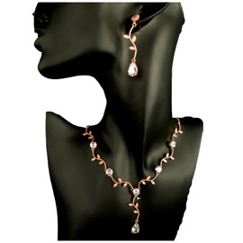 ONDEGO® Rosegold Blüten Blumen Y Set Zirkonia Strass Schmuck Kette Schmuckset Armband Kommunion Ball Abiball Hochzeit Brautschmuck