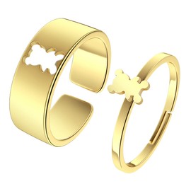 Chereda 2PCS Matching Cute Animals Promise Engagement Rings Lovers Gift for Couples Boyfriend Jewelry 316L Stainless Steel Adjustable Open Ring (Bear-1g, Adjustable)