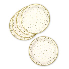 PUKKA party Christmas Star Plates – 8 Printed Gold Effect Disposable Dinner Plates with 23cm Diameter for Festive Home and Office Celebrations for Kids & Adults – Recyclable Card Packaging
