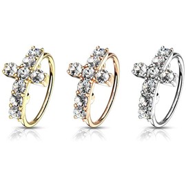 BODY MIND 20G CZ Paved Cross Top 316L Surgical Steel Bendable Nose Hoop Rings (Gold)