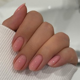 Nude Pink Press on Nails Short Almond Fake Nails Reusable False Nails Natural Nails Solid Colour Glossy Glue on Nails Acrylic Nails for Women Girls 24Pcs