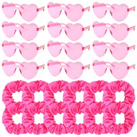 AMCAMI 24 Pack - Heart Shaped Glasses & Satin Hair Ties for Women,Bachelorette Party Favors and Accessories Pink Sunglasses and Scrunchies,Wicked Theme Decorations