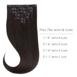 WENNALIFE Clip-In Real Hair Extensions, 70 g, 7 Pieces, 38 cm Dark Brown, Real Hair Extensions, Clip-In Remy Clip-In Extensions, Natural Hair Extensions, Real Hair