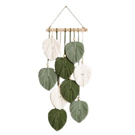 Jlnmmn Macrame Wall Hanging Boho Decorative Macrame Tapestry with Wooden Beads and Green Leaves Tapestry Handmade Tapestry for Outdoor, Living Room, Bedroom, Indoor