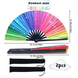 KYHSOM Rainbow Glitter Hand Fans 2 Pack - Large Holographic Pride Folding Fans with 2 Velvet Pouches | Gift Set for Dance, Rave, Wedding, Festival & Cosplay | Portable Party Accessories