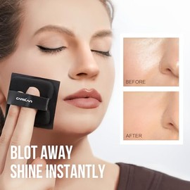 CARSLAN Makeup Blotting Paper with Powder, Black Magnet Blotting Sheet for Oily & Combination Skin, Portable Compact with Puff & Mirror, Keeps Makeup Fresh All Day, 450 Sheets + 8 Refill Adhesive Pads