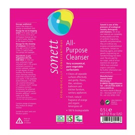 Sonett Limpiador universal multiusos orgánico de 0,5 l limpia todas las superficies limpiables de manera eficaz y suave: suelos, azulejos, ventanas, muebles de baño y cocina, electrodomésticos sanitarios