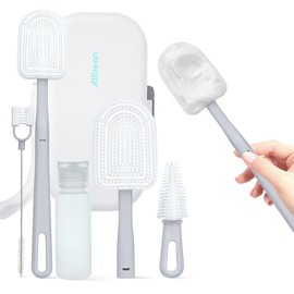 Allbean 6 in 1 Baby Travel Cleaner Set with Silicone Bottle Brush, Nipple Cleaner Brush, Straw Brush, 50ml Soap Dispenser, Storage Box, Bottle Drying Rack Easy Cleaning