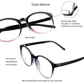 Gafas de bloqueo de luz azul con bisagra de resorte para mujeres/hombres, antifatiga visual, lectura de computadora, anteojos de TV, elegante marco ovalado, anti UV, antirreflejo (negro morado, sin aumento)