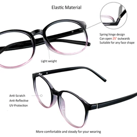 Gafas de bloqueo de luz azul con bisagra de resorte para mujeres/hombres, antifatiga visual, lectura de computadora, anteojos de TV, elegante marco ovalado, anti UV, antirreflejo (negro morado, sin aumento)