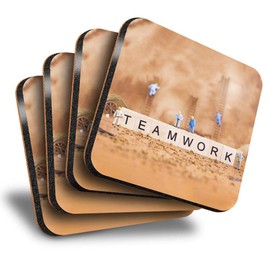 Great Coasters (Set of 4) Square - Teamwork Miniature Men Construction Drink Glossy Coasters/Tabletop Protection for Any Table Type #16730