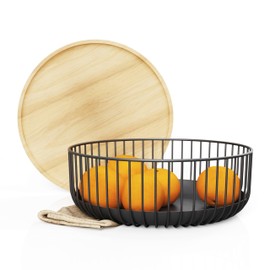 LIBKEN Fruit Basket with Wooden Bamboo Lid - Fruit Bowl For Kitchen Counter - Countertop Bin for Produce Fruits, Potato and Veggie - Metal Wire Baskets For organizing - 11.4"x11.4"x4.5" - Black