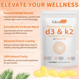 Nyloriaine Vitamin D3 K2 Softgel 120pcs with Coconut Oil Support Immune, K2 D3 Vitamin Supplement Fast Absorption, D3 K2 Vitamin 10000IU, Promotes Healthy Bones, Non-GMO