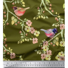 Soimoi polyester Satin Floral And Bird Print Fabric Material 105 GSM 44 Inches Wide By The Meter - Olive Green